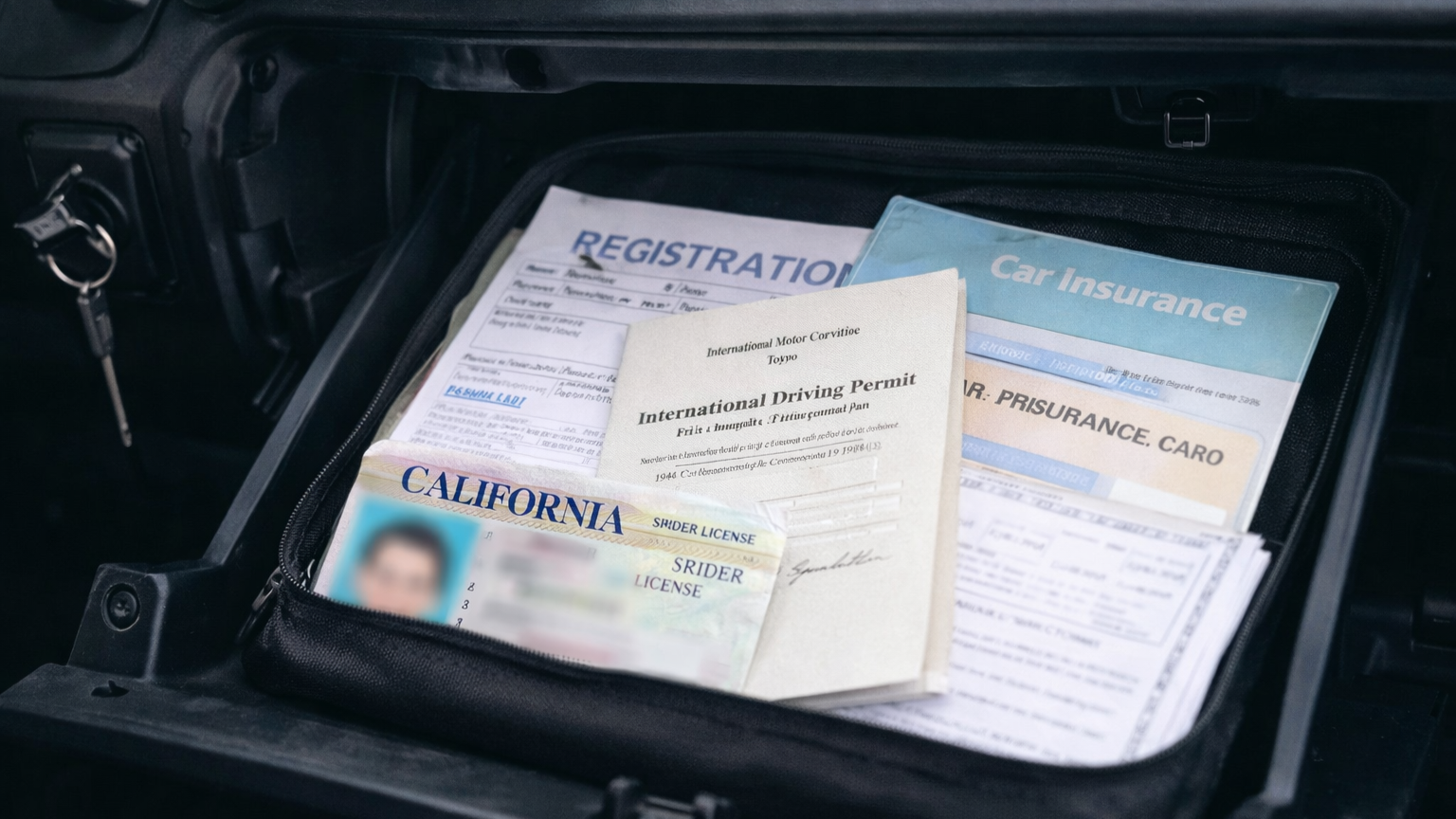 Vehicle registration, international driving permit, driver's license and insurance papers together in a car's document wallet