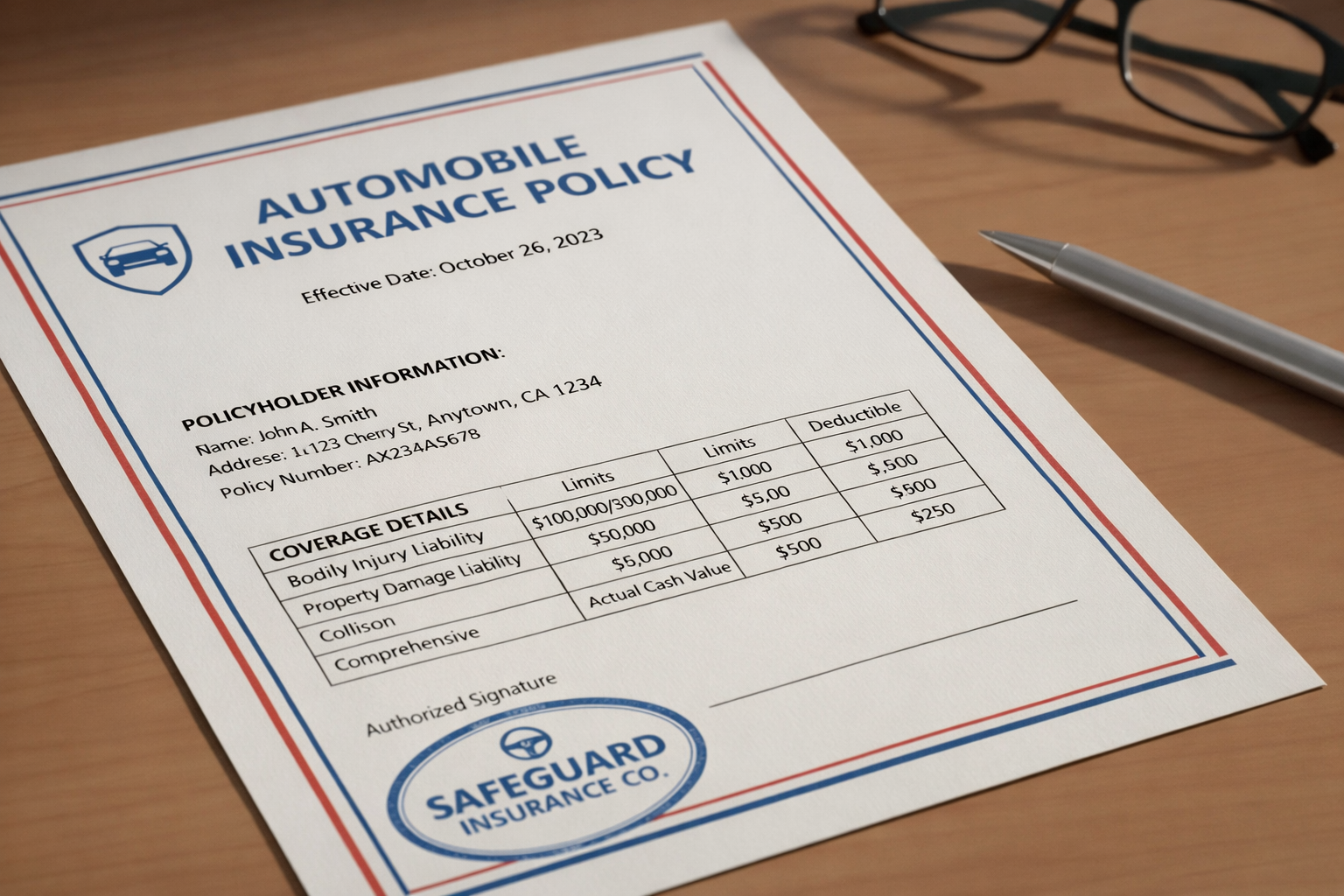 Automobile insurance policy document with a coverage details table on a desk next to glasses and a pen