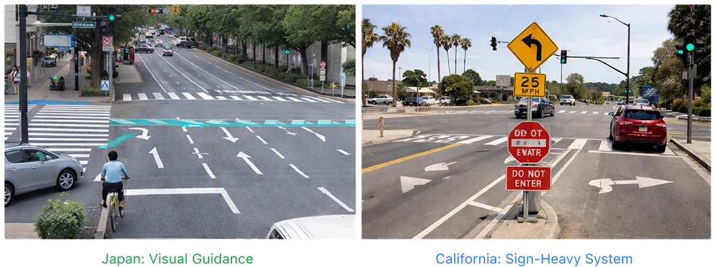 Side-by-side street photos of Japan (painted turn-guide lines, a cyclist) and California (turn, speed and Do Not Enter signs)