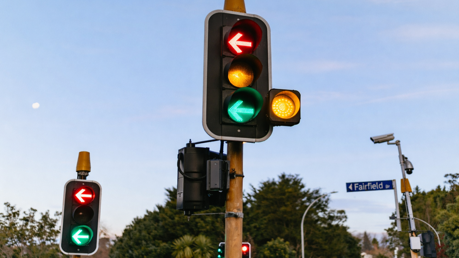 Traffic signal with red, yellow, and green left-turn arrows on a pole with a street name sign