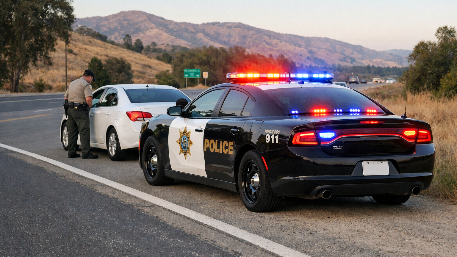 Police officer standing beside a car stopped on a rural highway shoulder at dusk