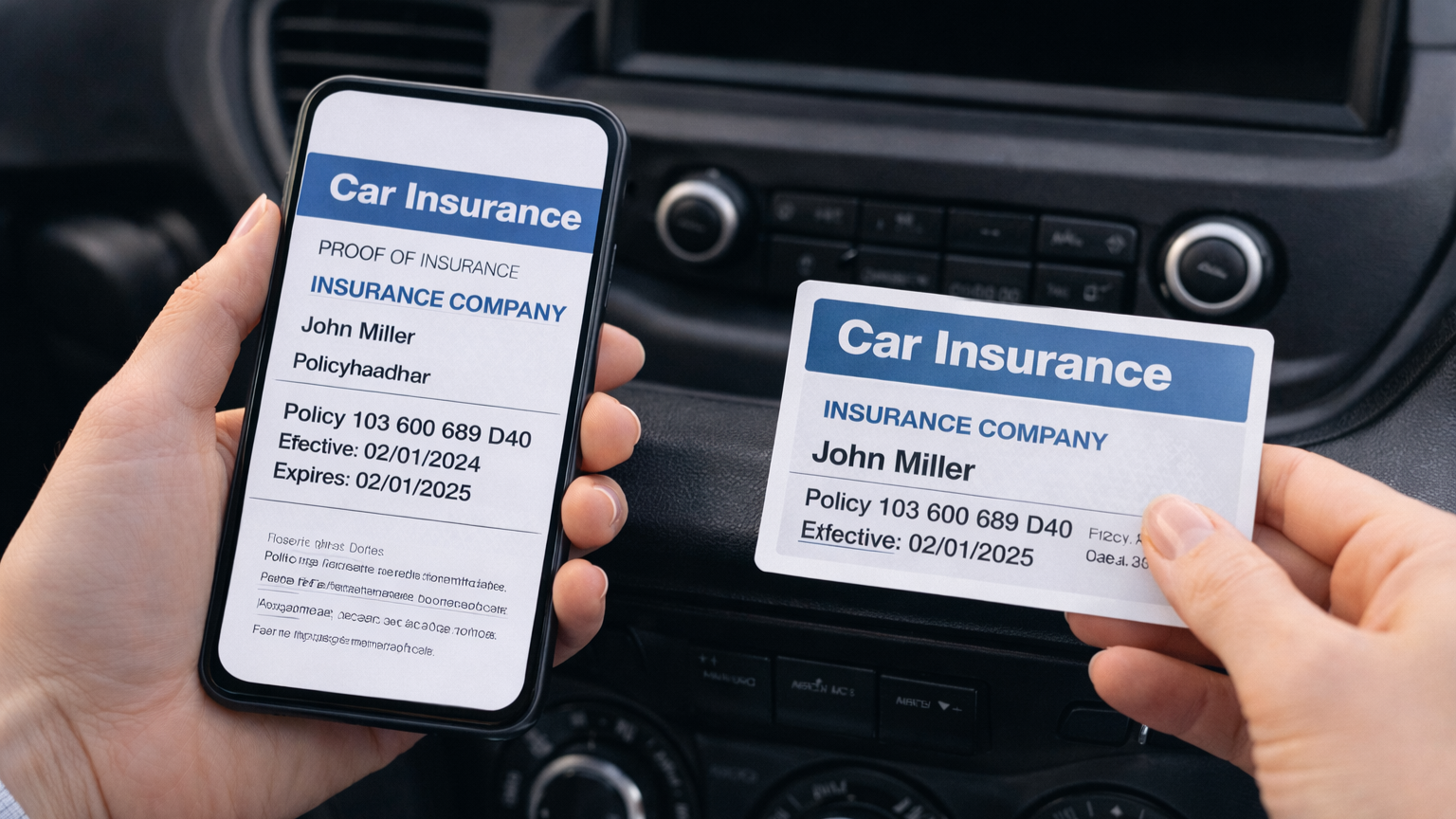 Hand comparing a digital insurance card on a phone with a physical car insurance card inside a vehicle