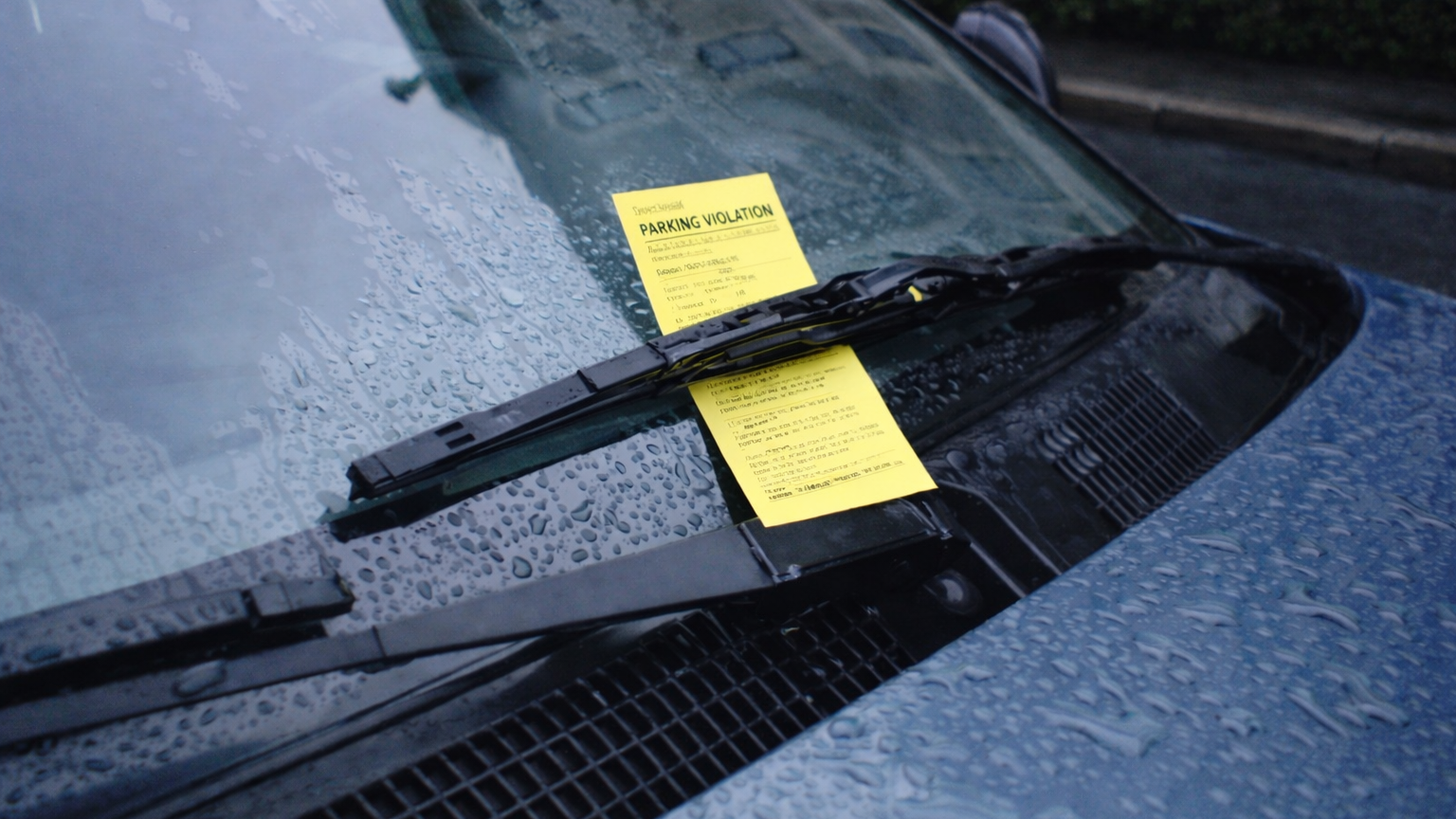 Yellow parking violation tickets tucked under a car's windshield wiper in the rain