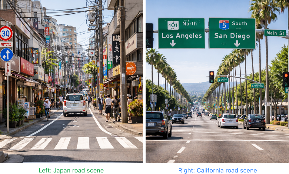 商店が並ぶ日本の道路と、高速道路の標識がある広いカリフォルニアの道路を並べて比較した画像