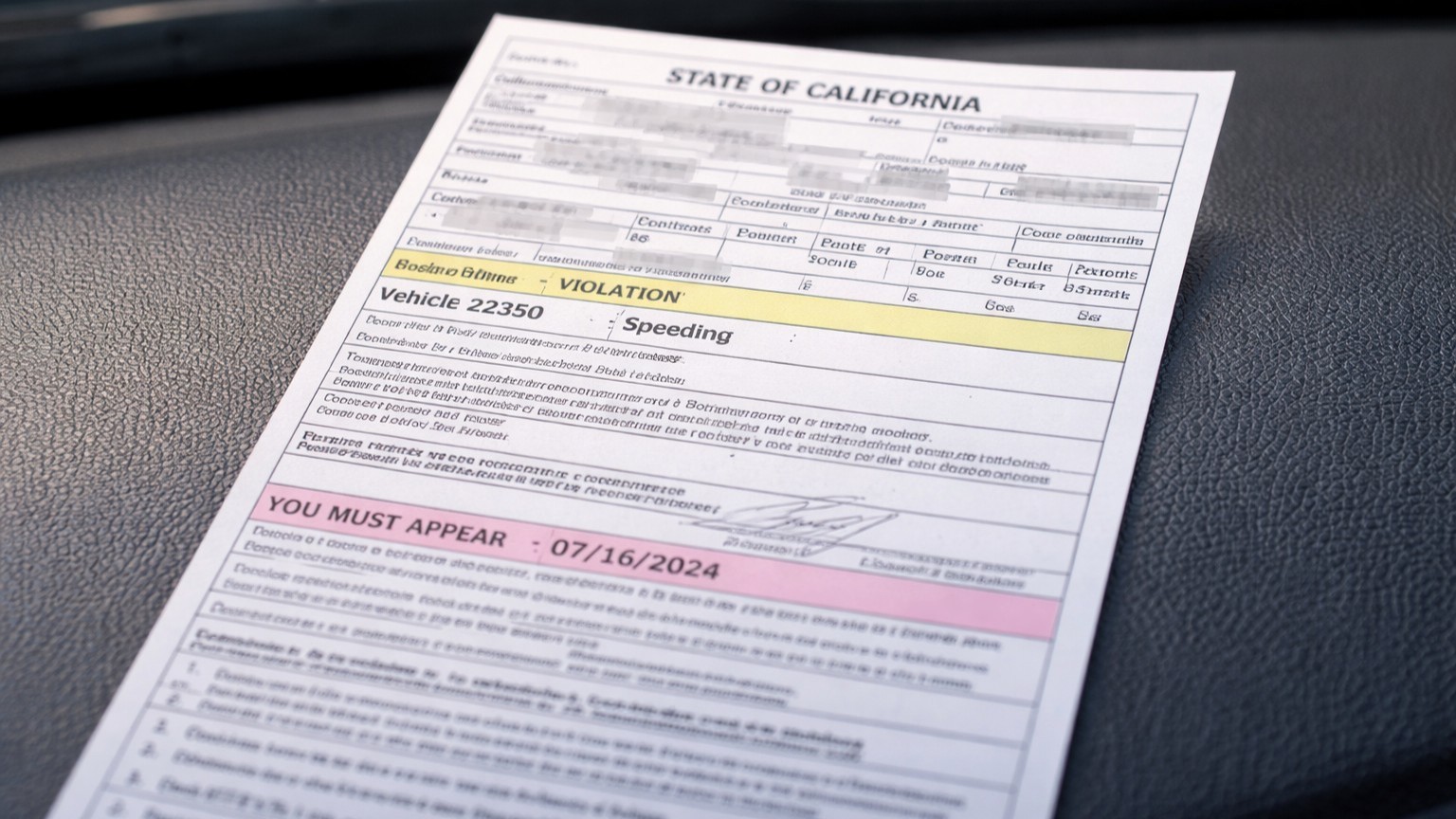車のダッシュボードに置かれた、速度違反と出頭日が記載されたカリフォルニアの交通違反切符のクローズアップ