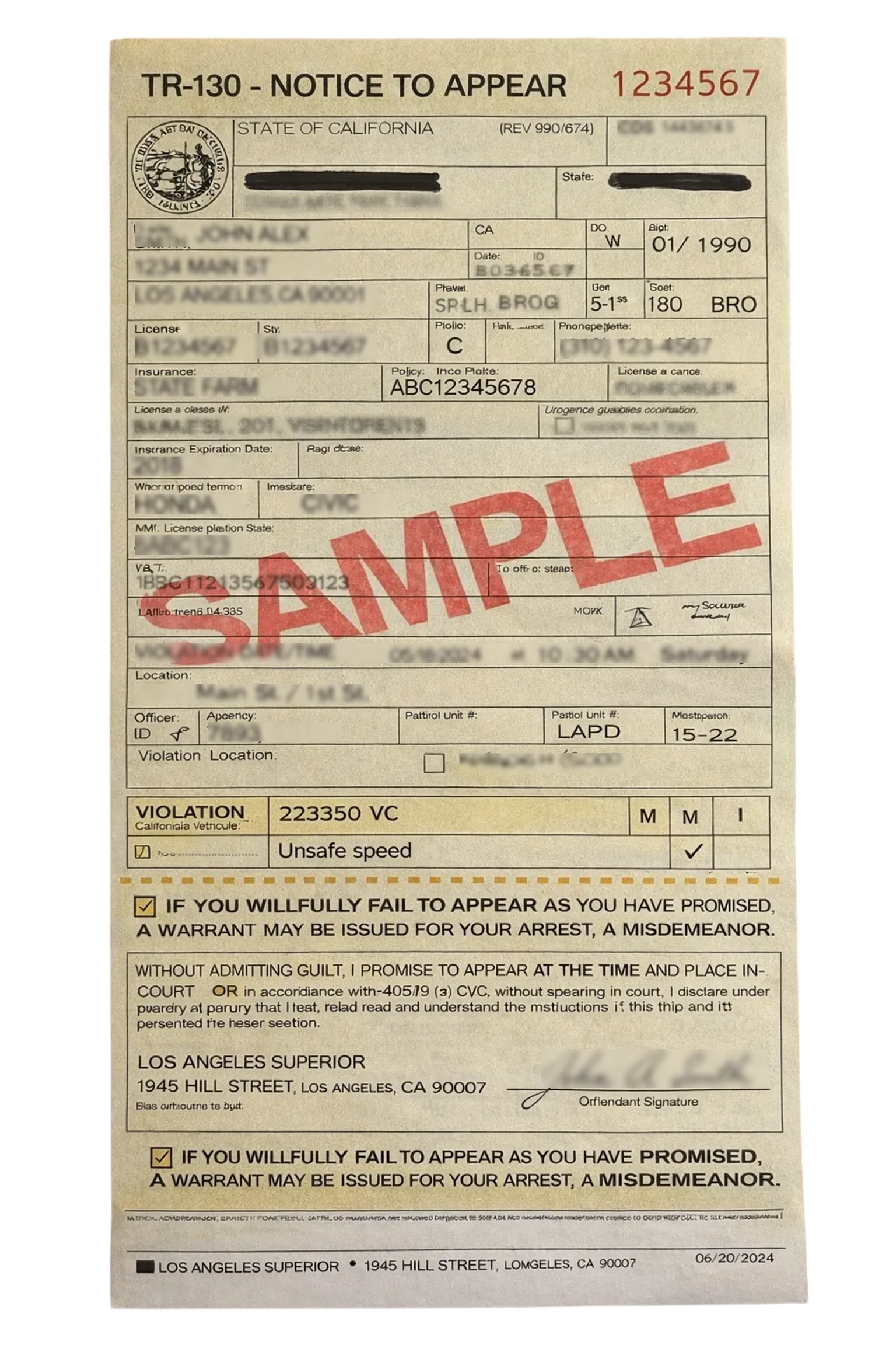 SAMPLEの印が押されたカリフォルニア州TR-130出頭通知書(交通違反切符)のサンプル