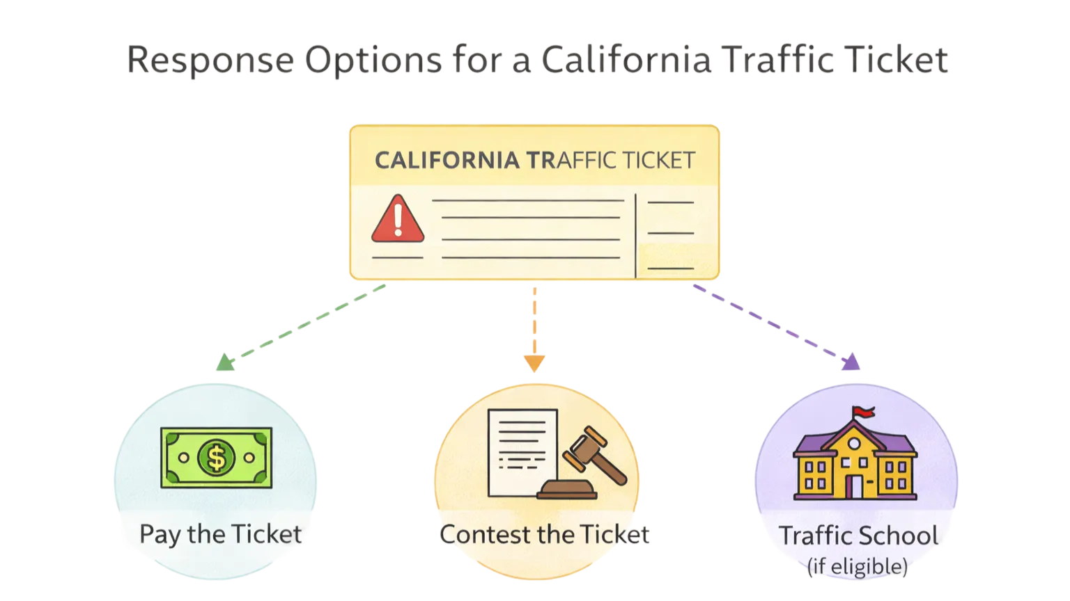 カリフォルニアの交通違反切符への3つの対応方法(罰金支払い・裁判で争う・Traffic School)を示した図解