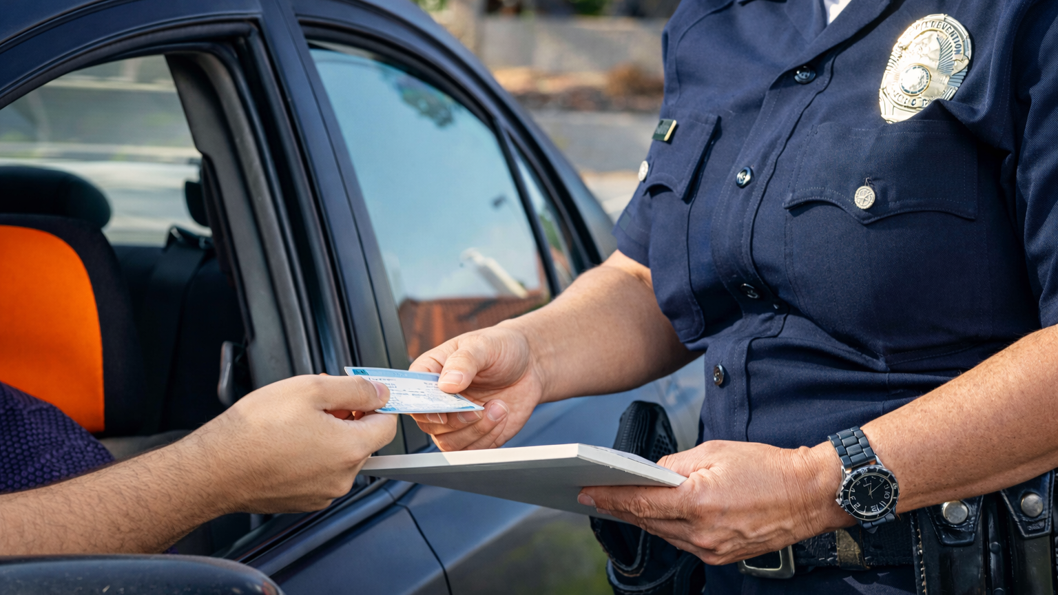 車の窓越しに免許証を警察官へ手渡すドライバー、警察官はクリップボードを持っている