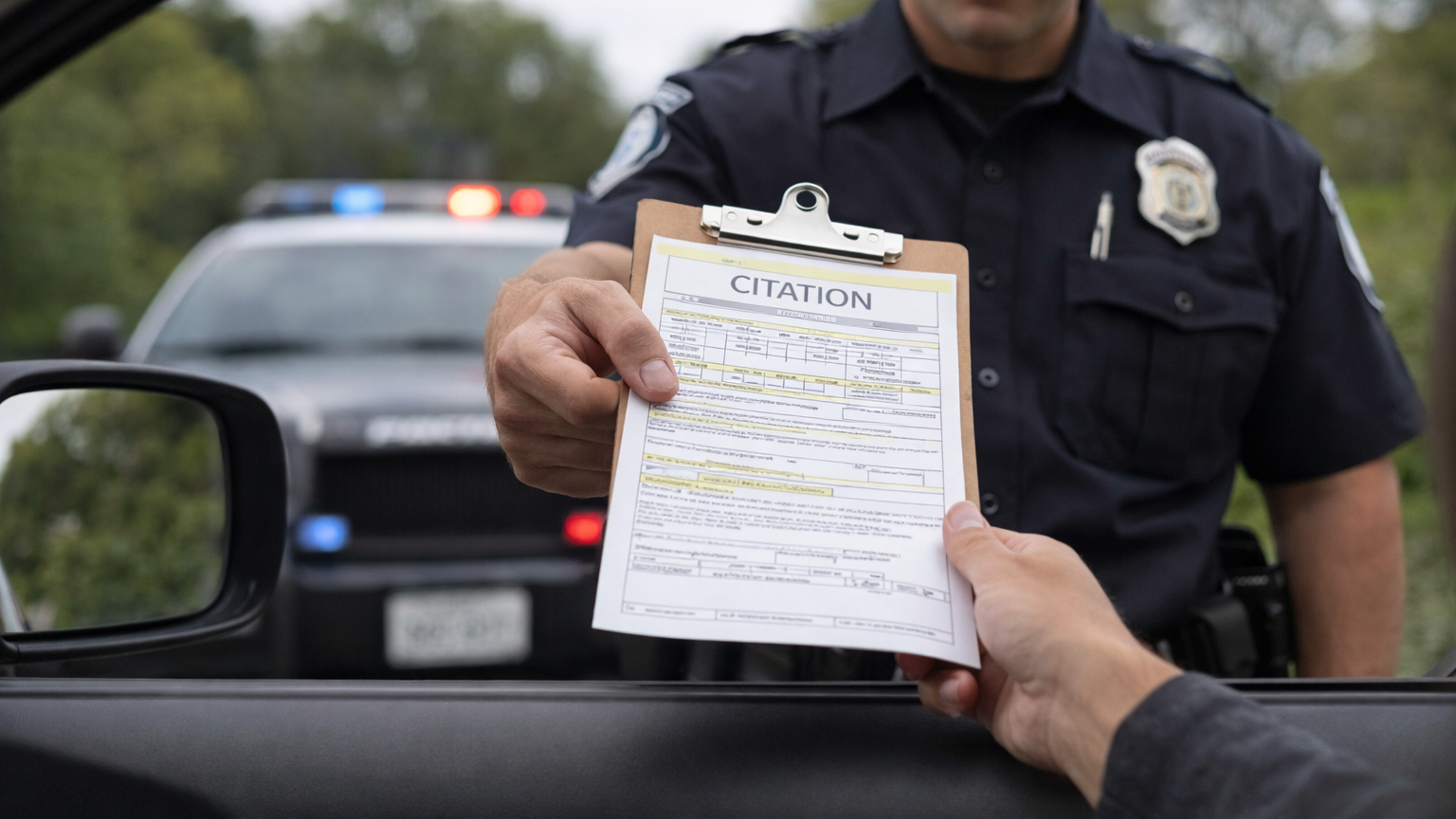 クリップボードに挟まれた違反切符(CITATION)をドライバーに手渡す警察官